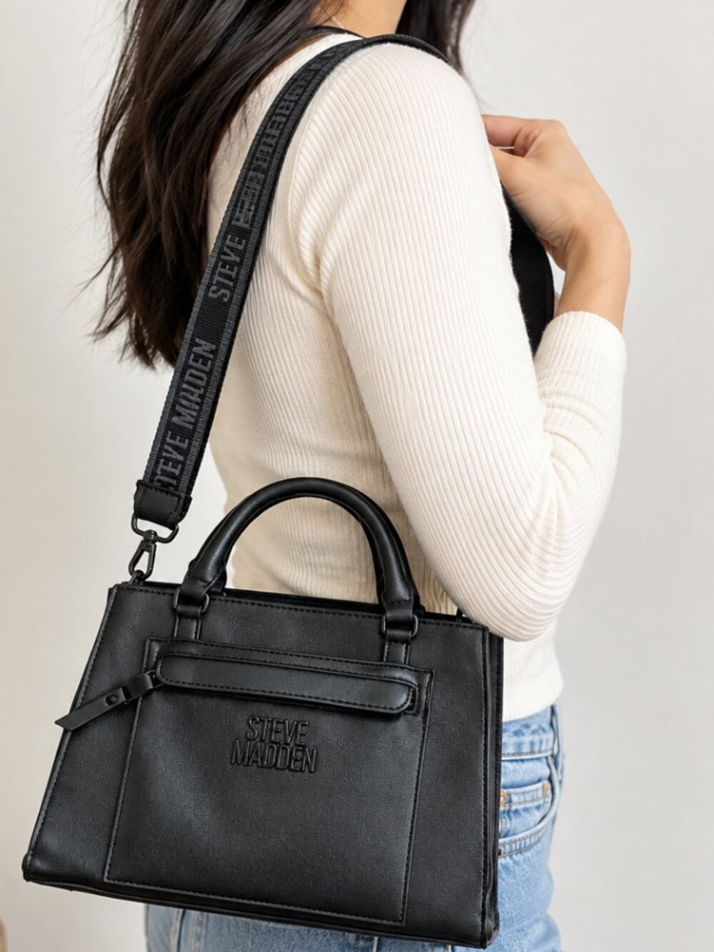 πβ¨ Steve Madden Black Top-Handle Satchel Bag w/ Crossbody Logo Strap